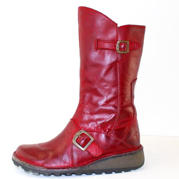 Fly London Mes Patent Red Leather Buckled Wedge Boot Womens  (Eu 36/US 6) - Picture 1 of 11